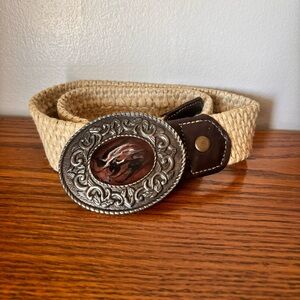 Women's Tan Woven Belt with Decorative Silver Buckle